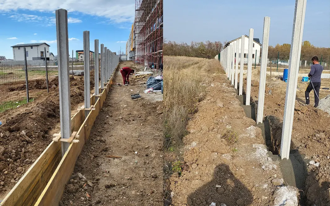 Montaža ograde: betonski stubovi postavljeni u oplatu i u iskop za soklu