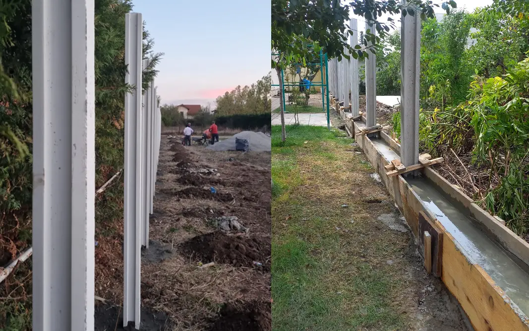 Montaža ograde: niz betonskih stubova i sveže izlivena sokla u oplati